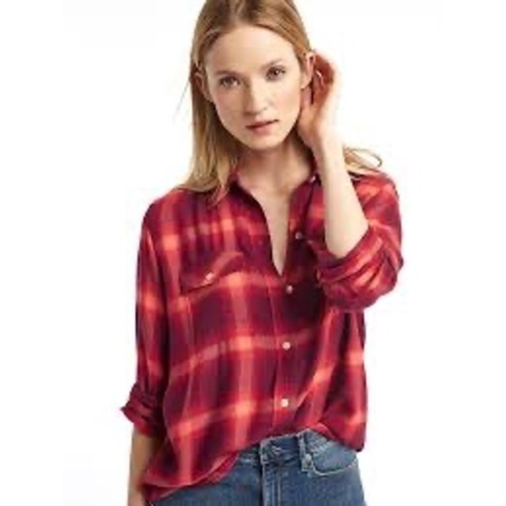 Gap + Pendleton Boyfriend Plaid Slouchy Flannel Shirt Red Pink Large - Picture 1 of 12